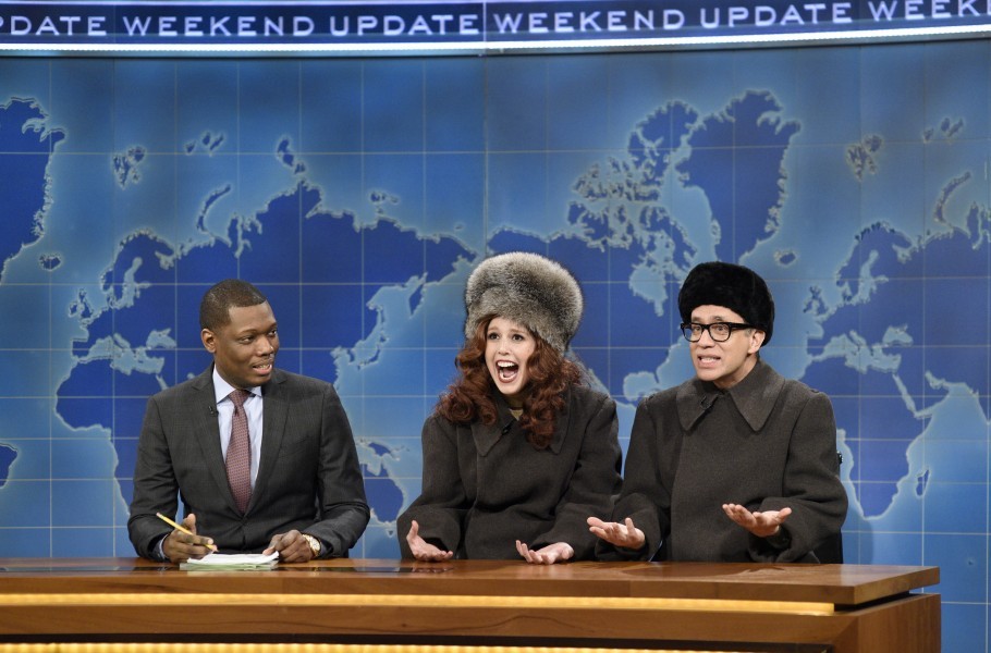 SATURDAY NIGHT LIVE -- "Casey Affleck" Episode 1714 -- Pictured: (l-r) Michael Che, Vanessa Bayer and Fred Armisen as "Putin's Best Friends from Growing Up" during Weekend Update on December 17, 2016 -- (Photo by: Will Heath/NBC/NBCU Photo Bank via Getty Images)