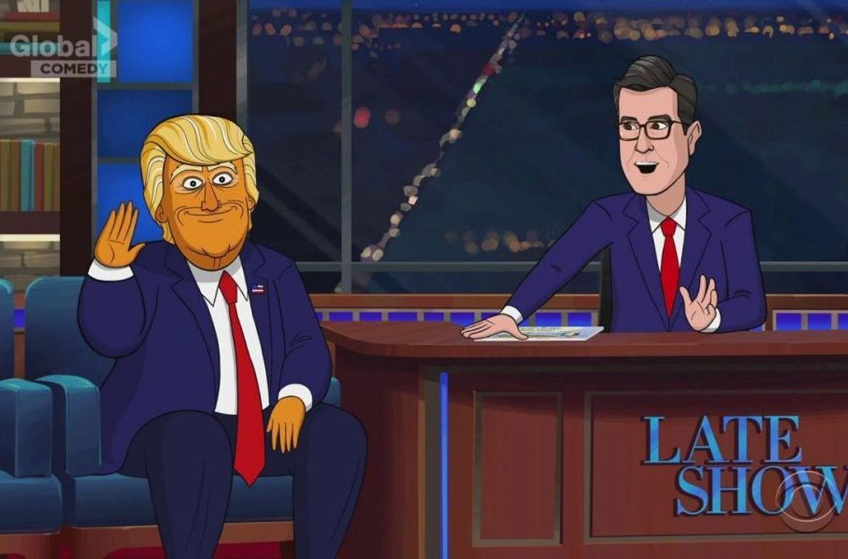 Cartoon Donald Trump Crashes Cartoon Late Show Special - globaltv